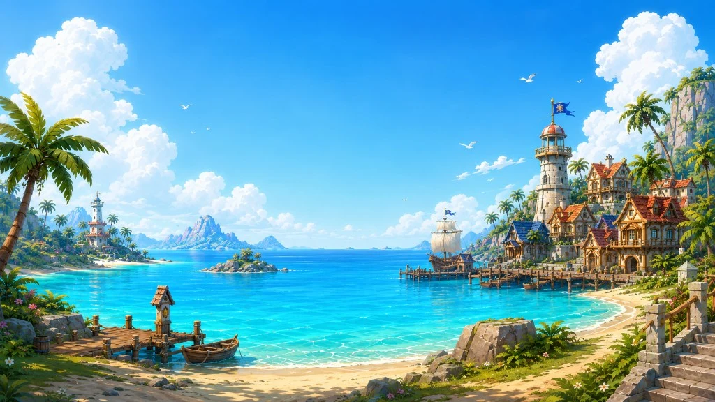 A tropical harbour from the game menu illustration